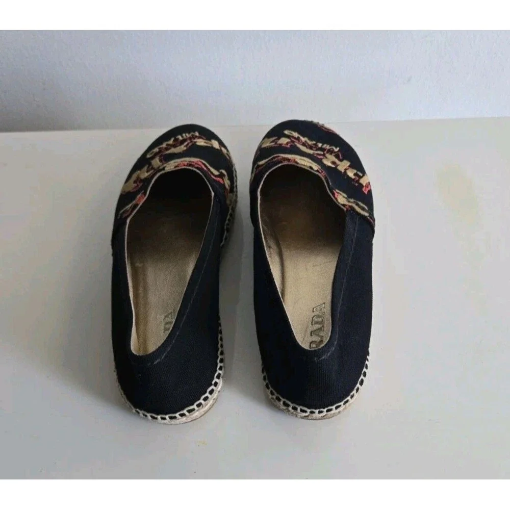 Prada Black Canvas Logo Embroidered Espadrille Flats Women’s Casual Size 38.5